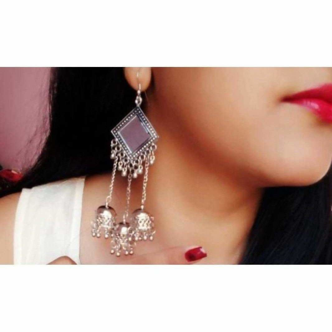 MS Fashion India Kite Mirror Design Silver Hanging Triple Jhumka Earrings