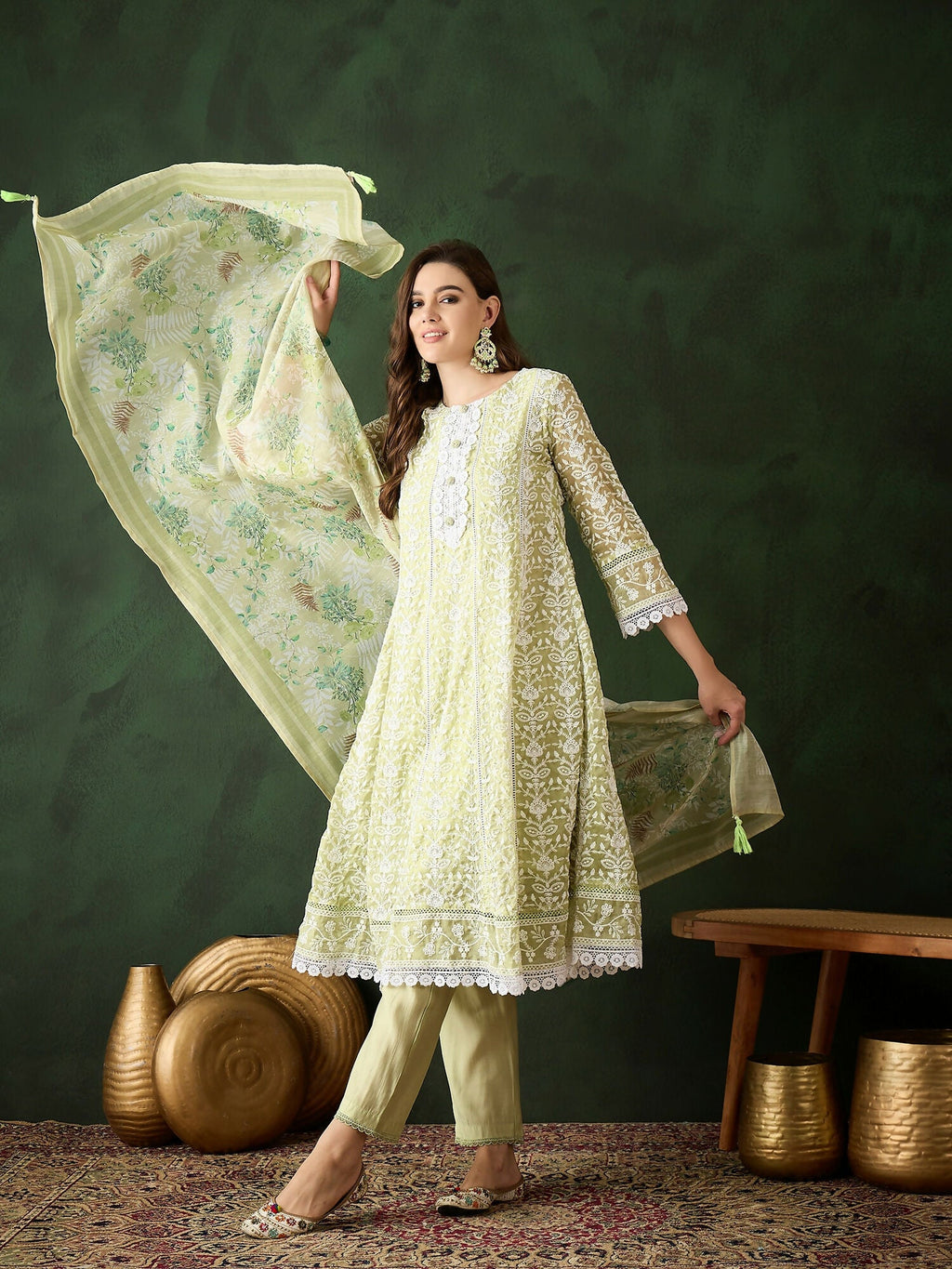 Green Crystal Organza schiffli embroidery Kurta With Trouser & Dupatta - Bhumi