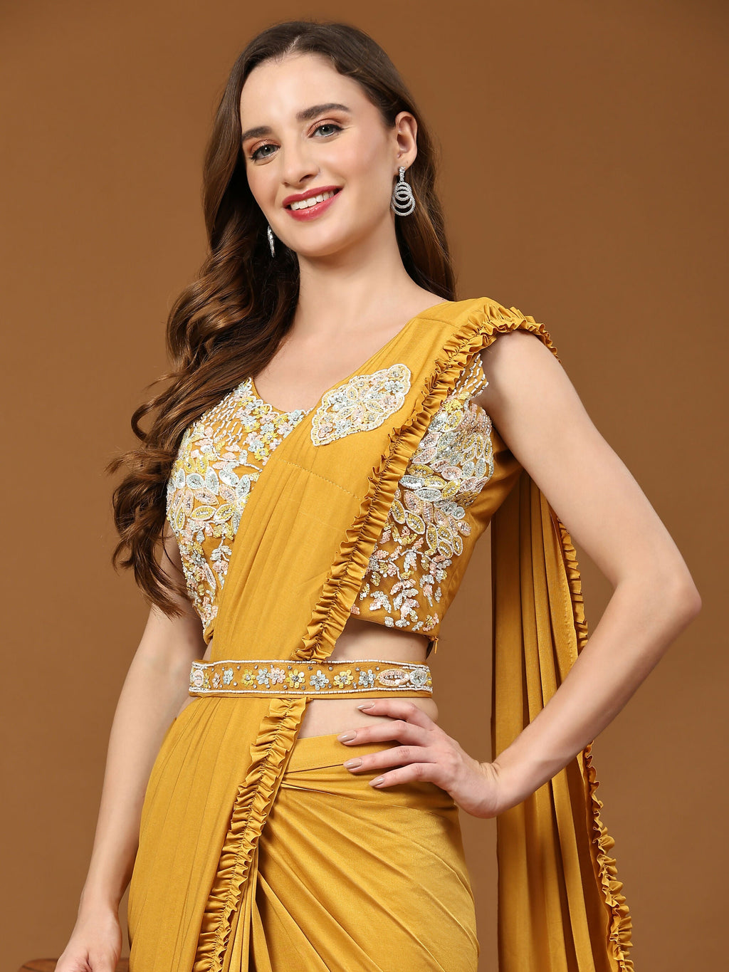 Yellow Lycra Solid Ready to wear Saree with stitched Blouse - Vanita