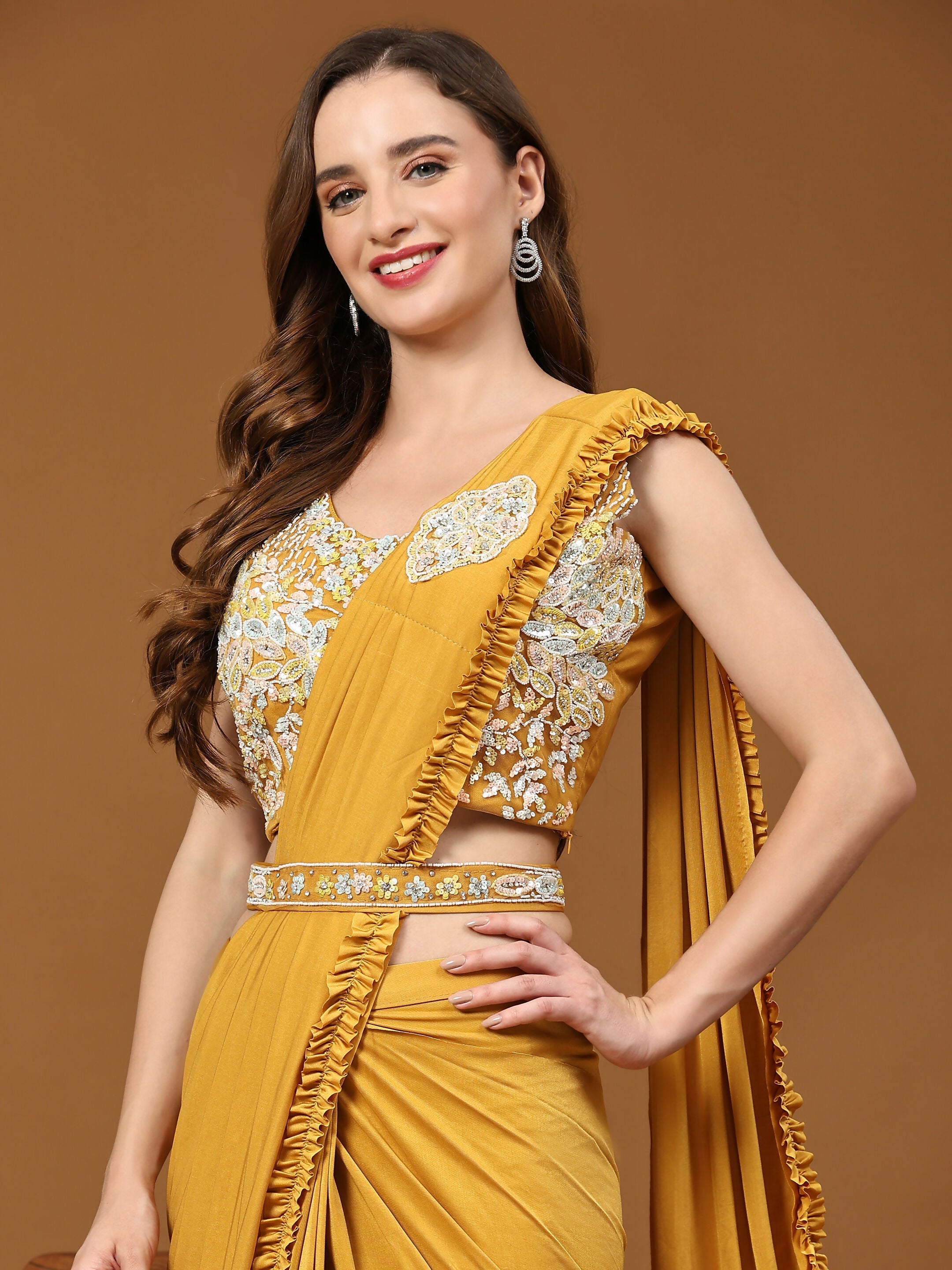 Yellow Lycra Solid Ready to wear Saree with stitched Blouse - Vanita