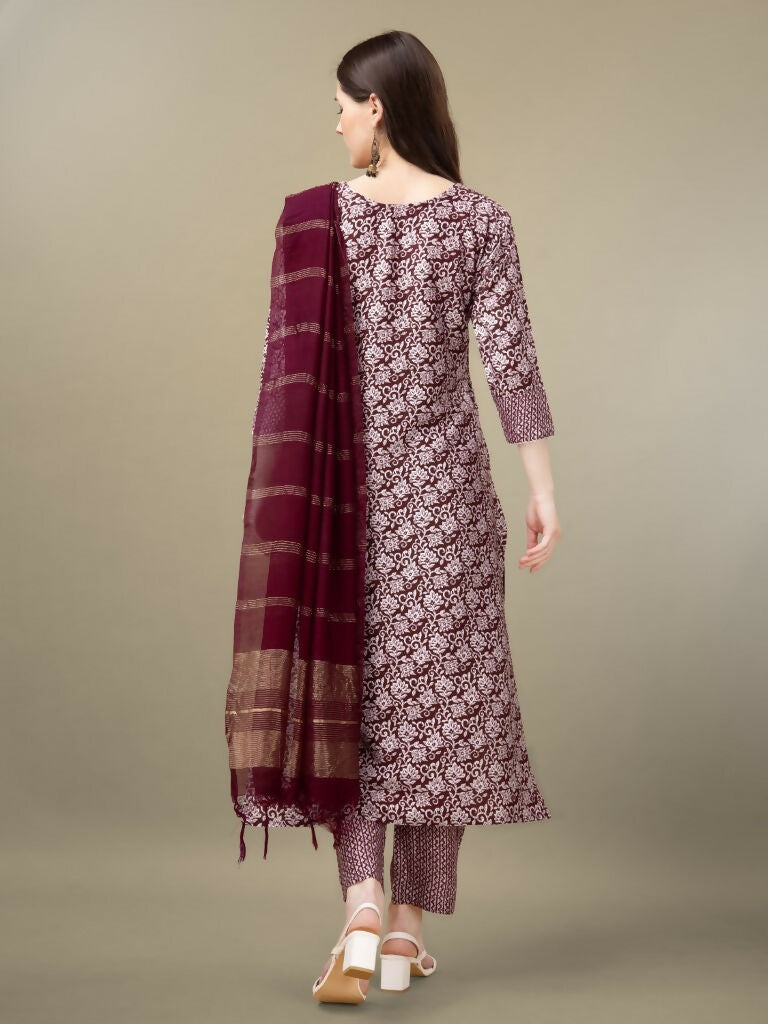 Jyoti Fashion Women's Maroon Rayon Embroidery & Sequence work Kurta with Trouser & Dupatta