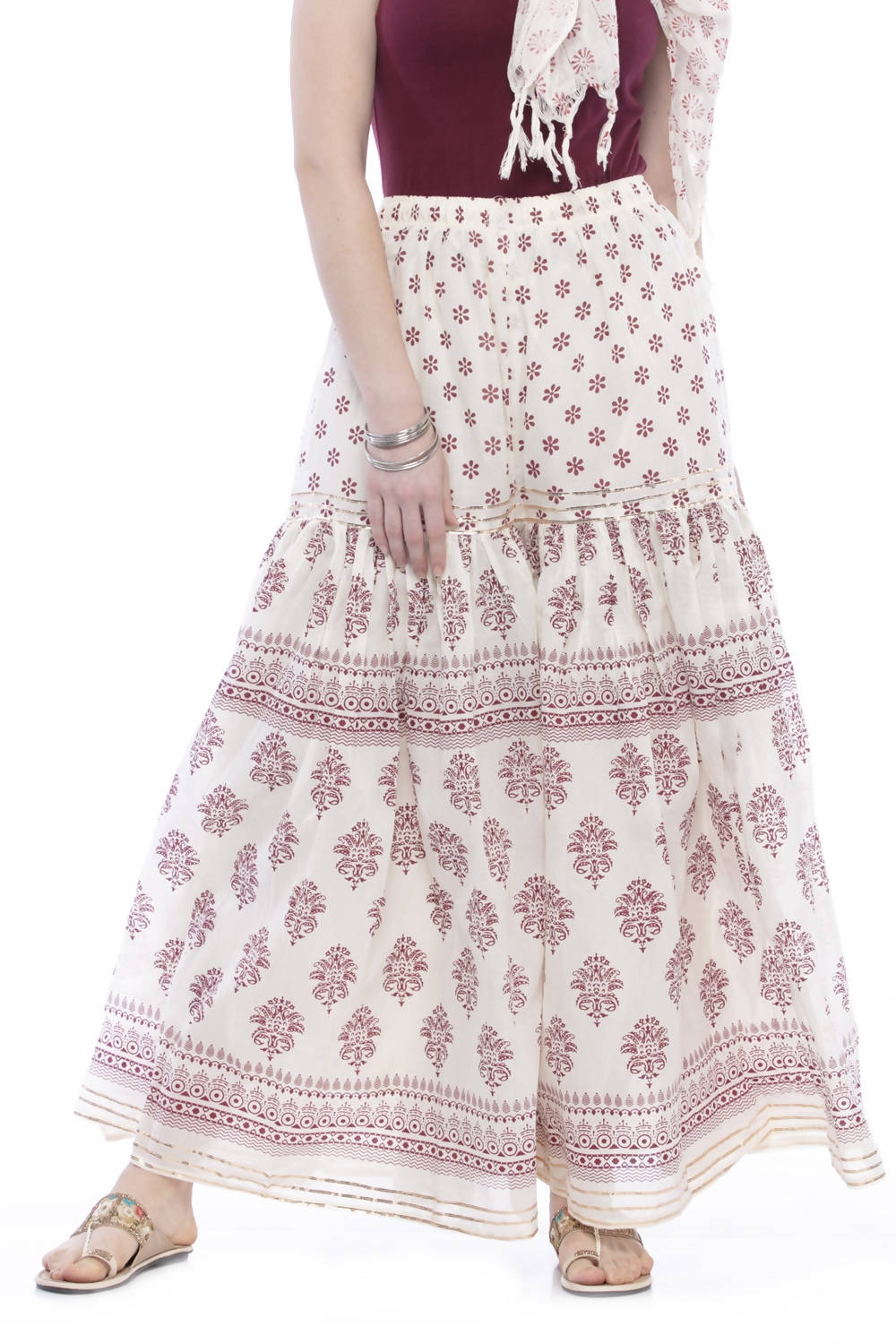 Mominos Fashion Cotton Block Print With Lace Work Off White Magenta Color Prints Palazzo