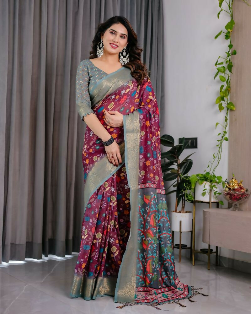 PR Fashion Purple Pure Handloom Linen Saree