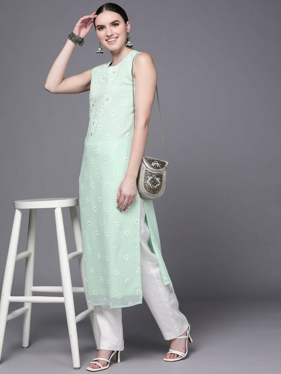 Ahalyaa Women Sea Green Floral Printed Georgette Kurta