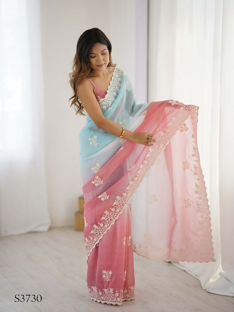 Rust Crunchy Silk Embroidery Work Party Wear Saree - Lakshita