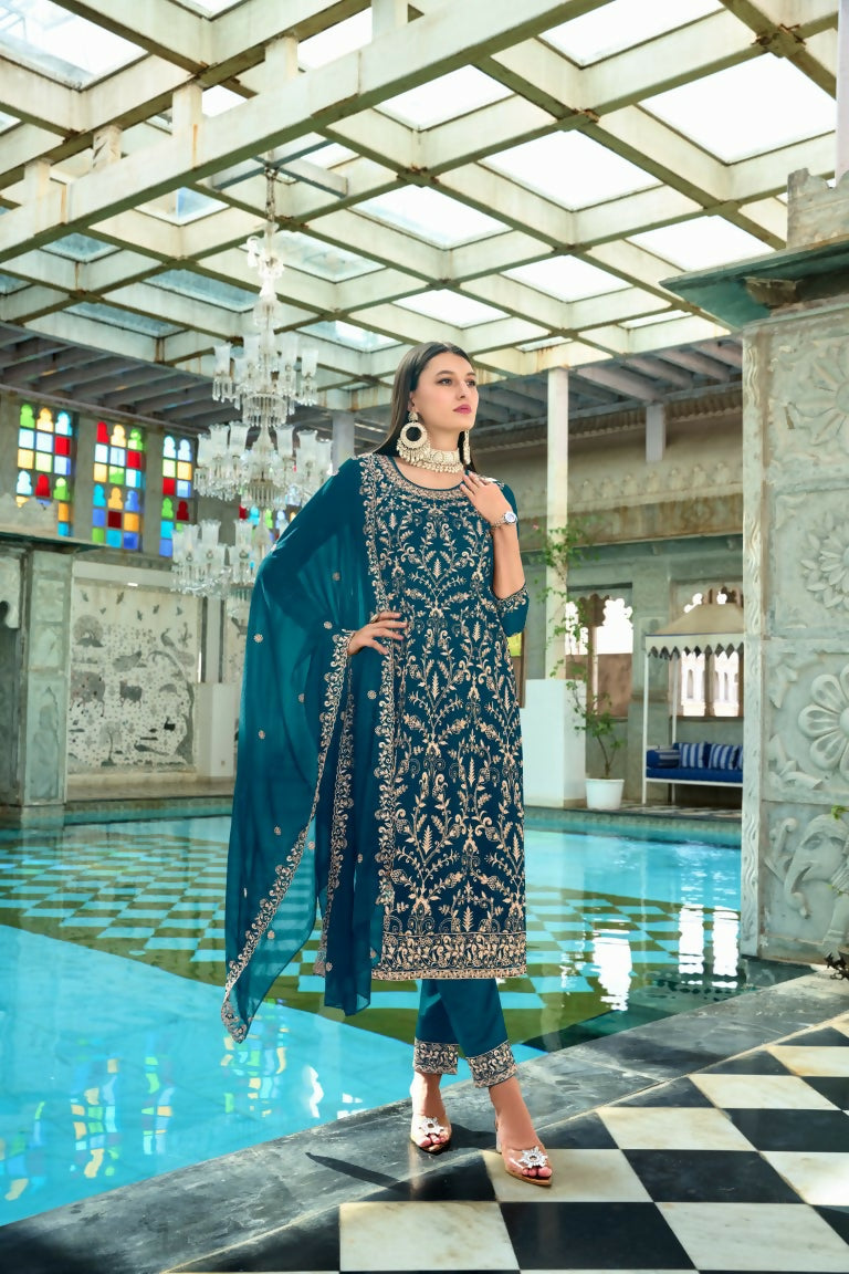 Jyoti Fashion Women's Morpich Faux Georgette Heavy Embroidery and Moti Work Kurta Set