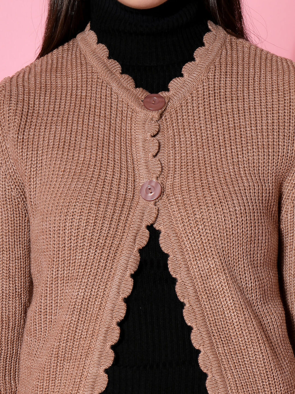 Women Self Design Long Brown Acrylic Winter Shrug - Wool Trees