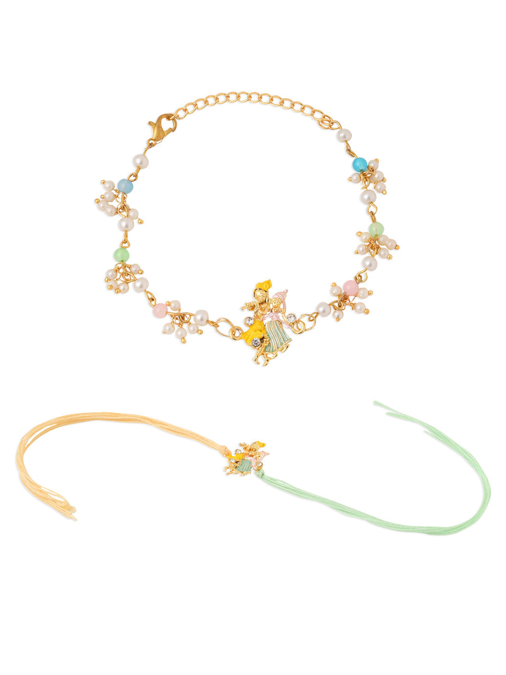 NVR Set of 2 Multicolor Gold Toned Radha Krishna Beaded Bhaiya Bhabhi Rakhi Combo