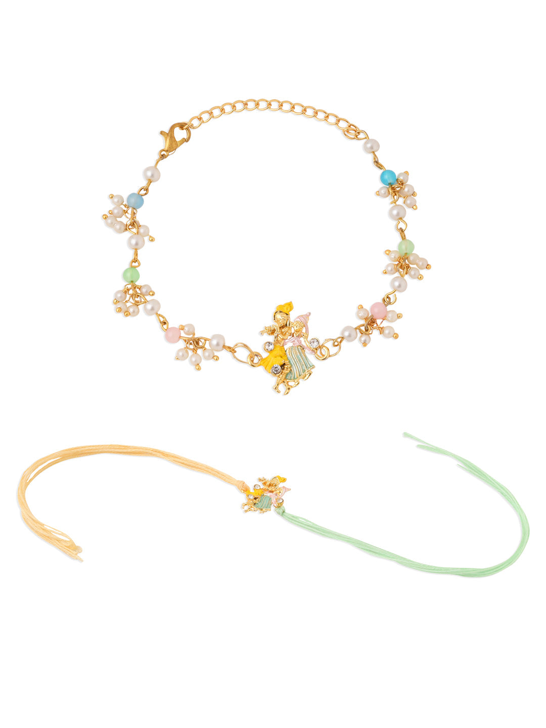 NVR Set of 2 Multicolor Gold Toned Radha Krishna Beaded Bhaiya Bhabhi Rakhi Combo