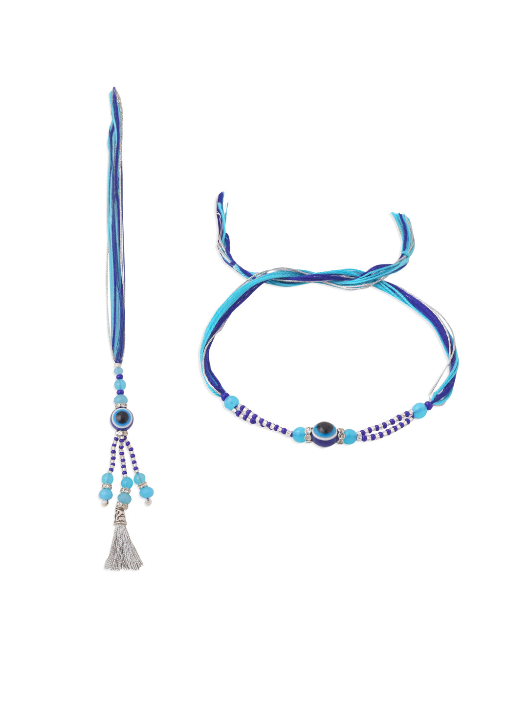 NVR Set of 2 Blue Evil Eye Artificial Beads Bhaiya Bhabhi Rakhi with Roli Chawal Chandan & Mishri
