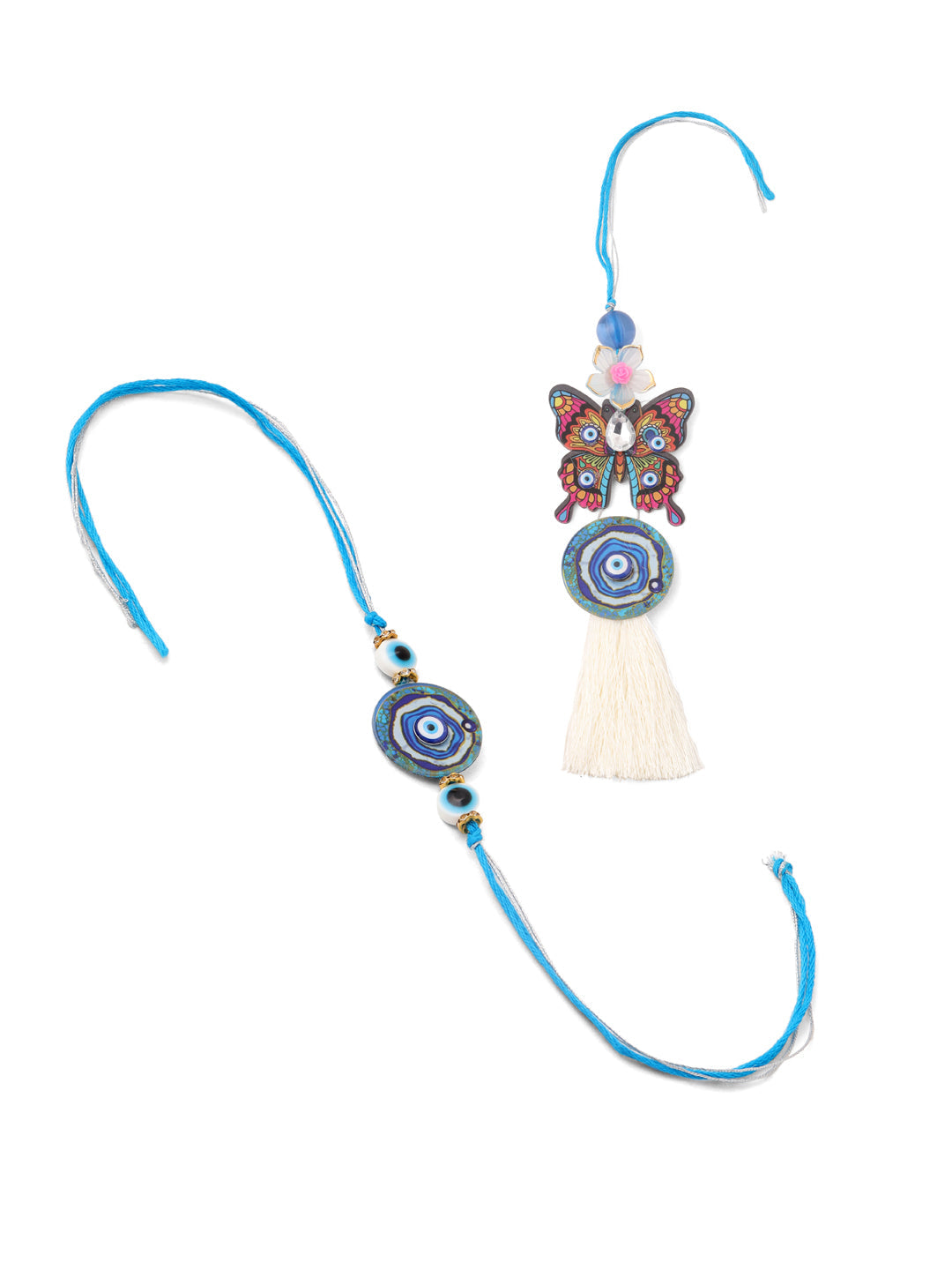 NVR Blue Evil Eye Artificial Beads Set of 2 Bhaiya Bhabhi Rakhi Combo
