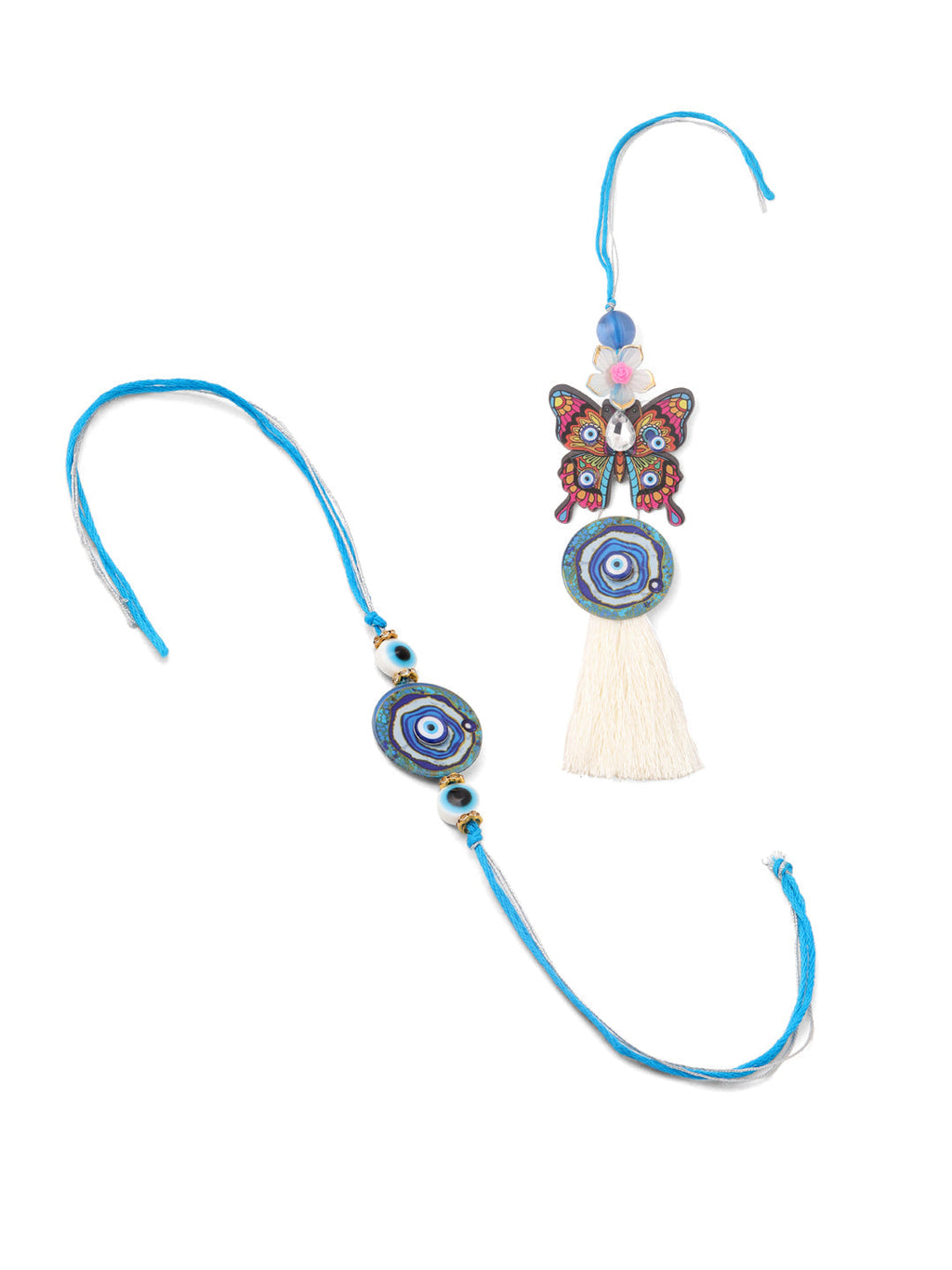 NVR Blue Evil Eye Artificial Beads Set of 2 Bhaiya Bhabhi Rakhi with Roli Chawal Chandan & Mishri