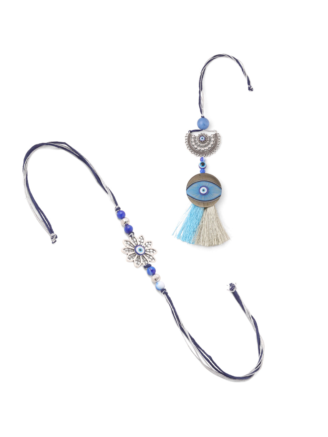 NVR Set of 2 Blue Evil Eye Artificial Beads Bhaiya Bhabhi Rakhi with Roli Chawal Chandan & Mishri