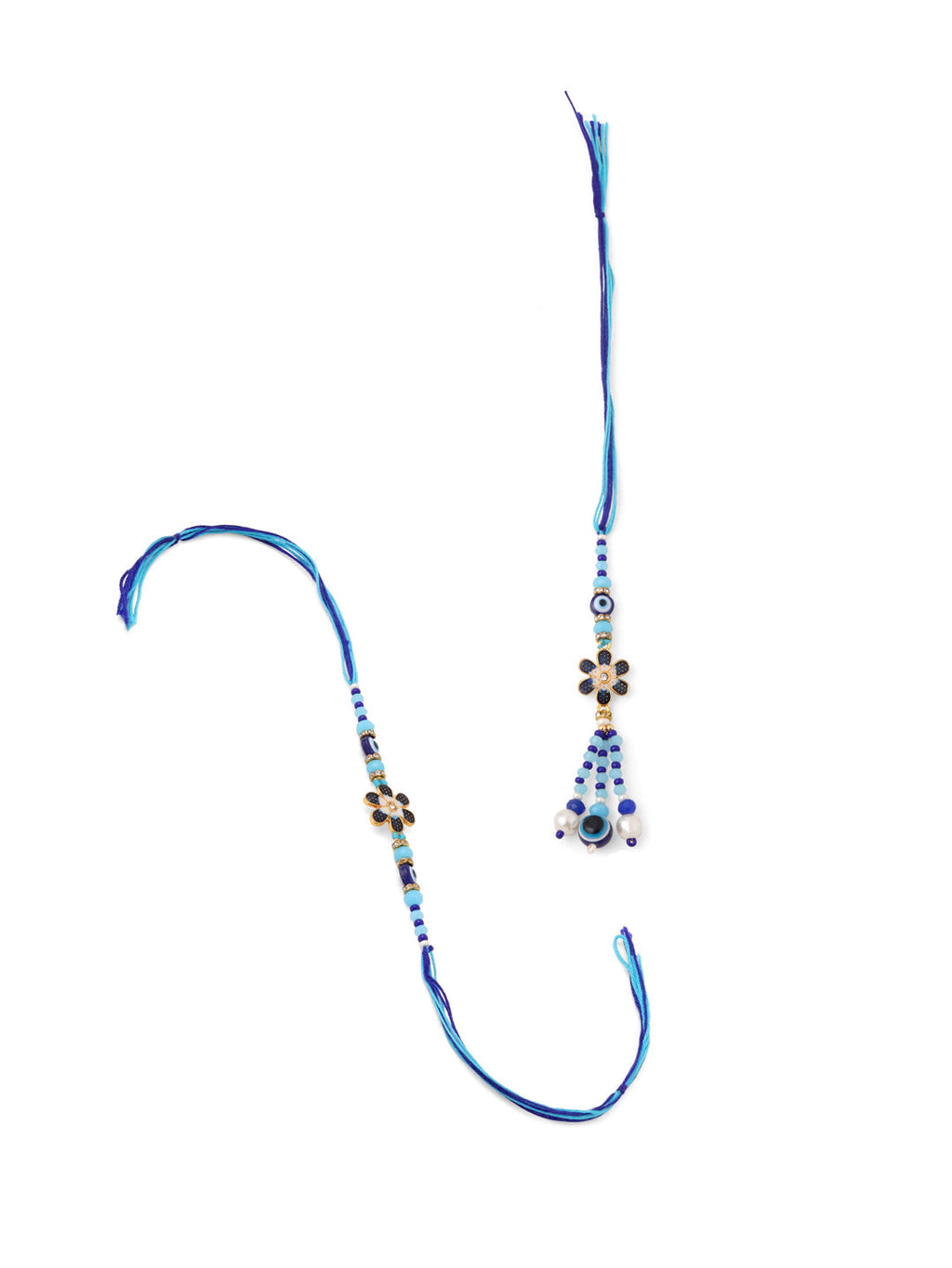 NVR Set of 2 Blue Artificial Beads Evil Eye Bhaiya Bhabhi Rakhi with Roli Chawal Chandan & Mishri