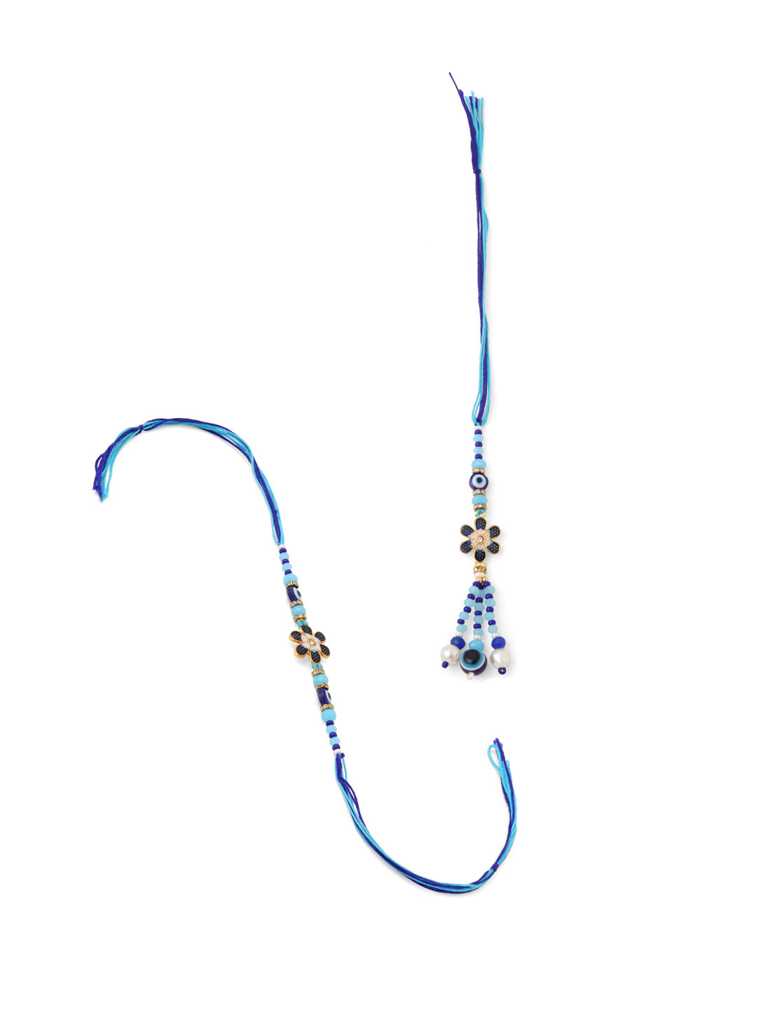 NVR Set of 2 Blue Artificial Beads Evil Eye Bhaiya Bhabhi Rakhi with Roli Chawal Chandan & Mishri