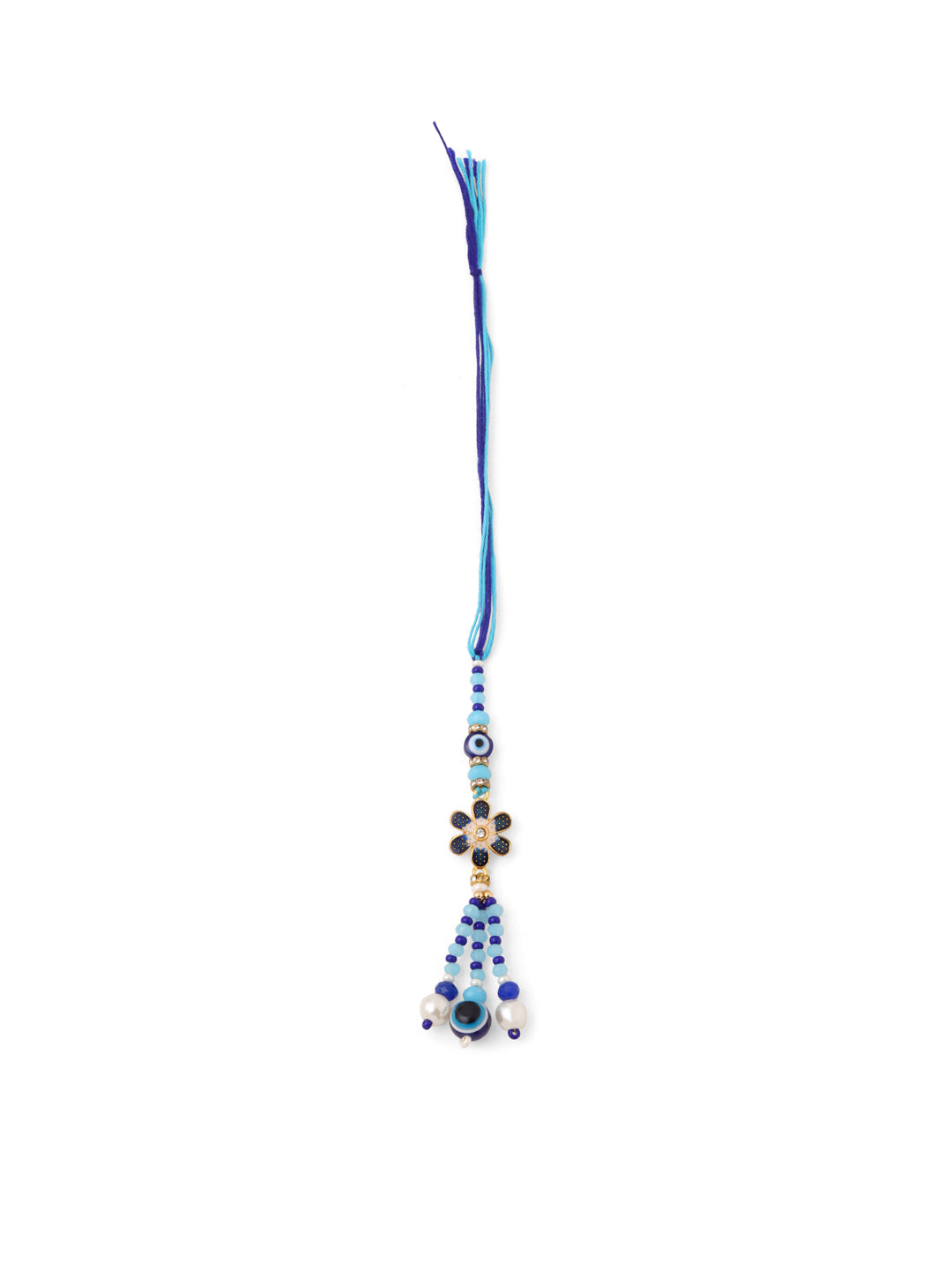 NVR Set of 2 Blue Artificial Beads Evil Eye Bhaiya Bhabhi Rakhi with Roli Chawal Chandan & Mishri