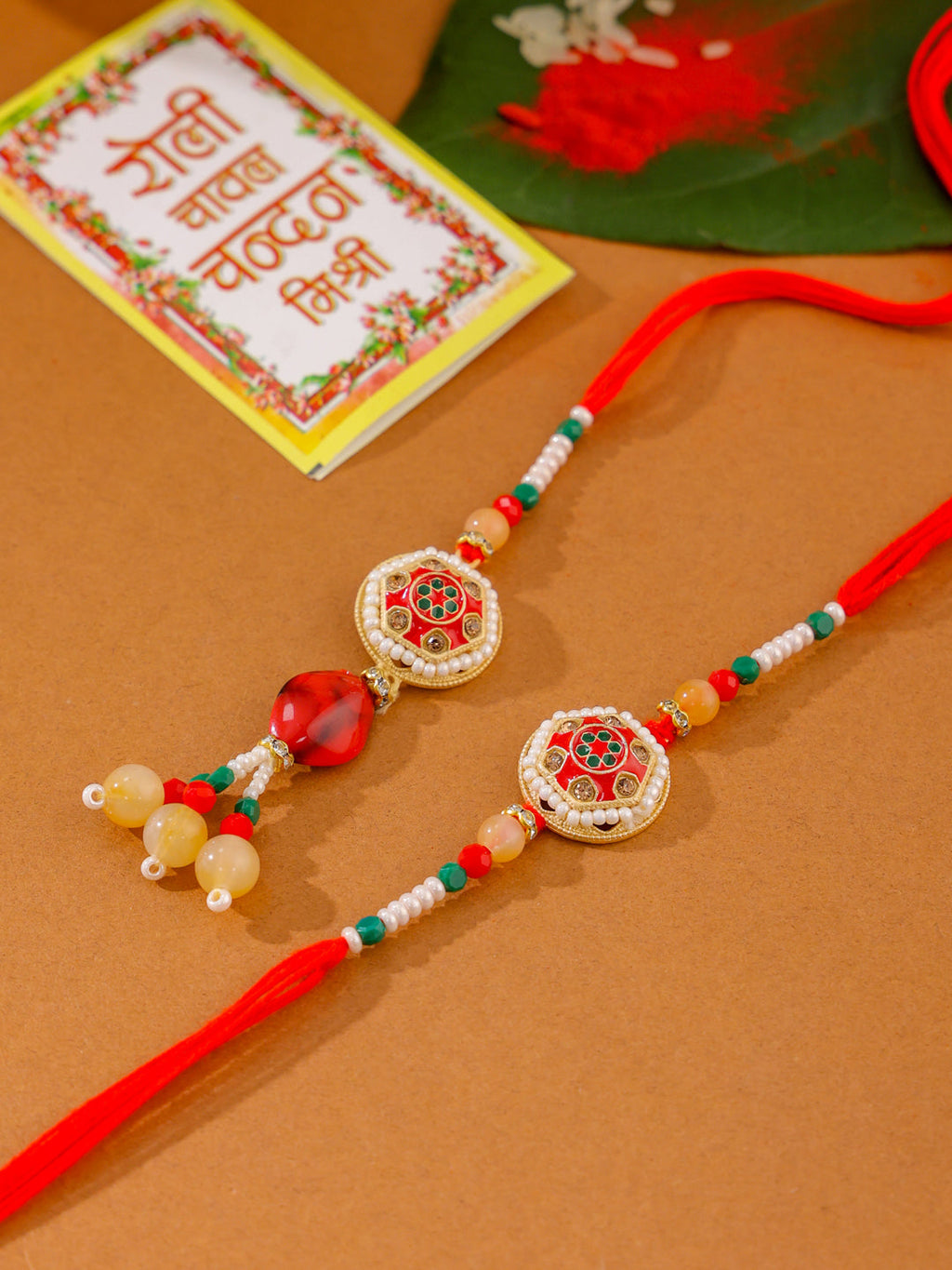 NVR Set of 2 Red Artificial Stones and Beads Bhaiya Bhabhi Rakhi with Roli Chawal Chandan & Mishri