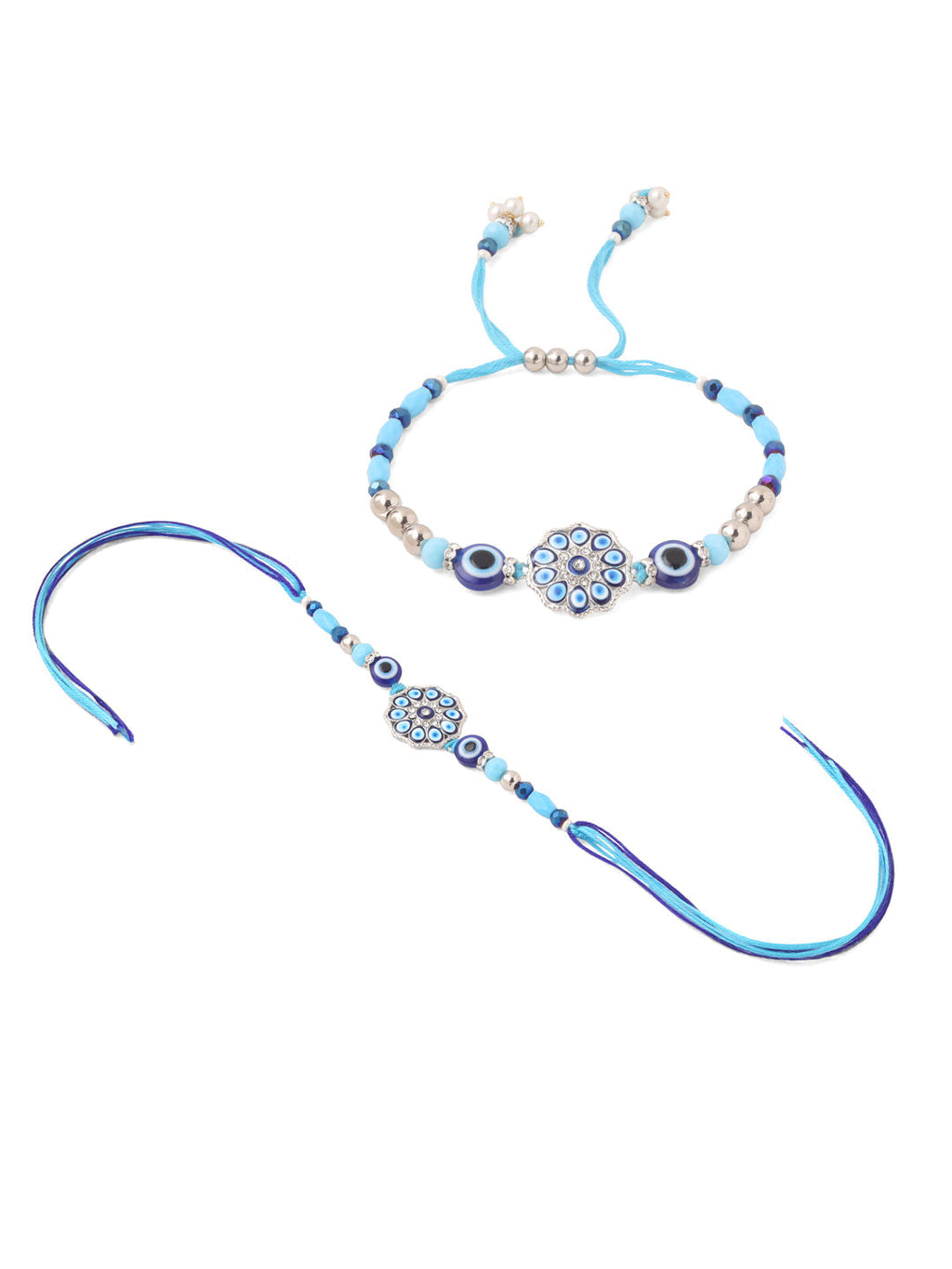 NVR Set of 2 Blue Evil Eye Floral Design Bhaiya Bhabhi Rakhi with Roli Chawal Chandan & Mishri