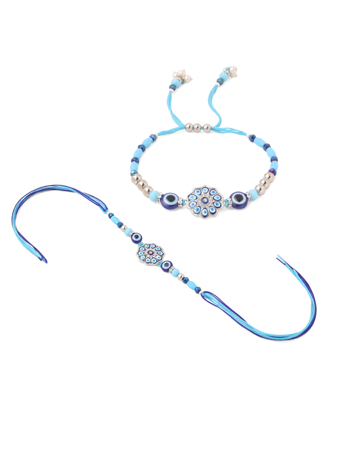 NVR Set of 2 Blue Evil Eye Floral Design Bhaiya Bhabhi Rakhi with Roli Chawal Chandan & Mishri