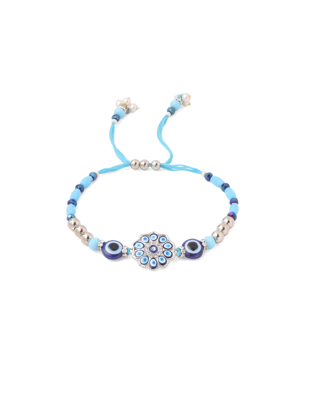 NVR Set of 2 Blue Evil Eye Floral Design Bhaiya Bhabhi Rakhi with Roli Chawal Chandan & Mishri