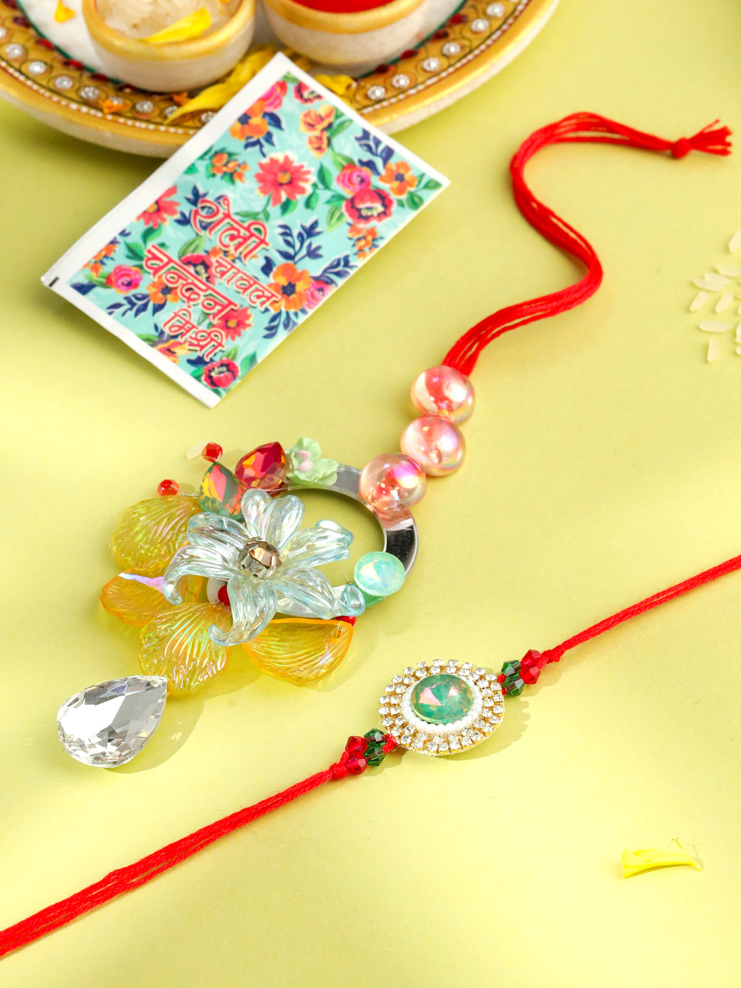 NVR Multicolor Artificial Stones & Beads Set of 2 Bhaiya Bhabhi Rakhi with Roli Chawal Chandan & Mishri