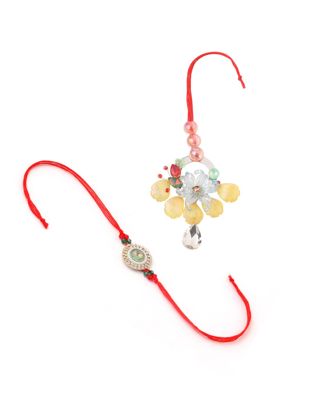 NVR Multicolor Artificial Stones & Beads Set of 2 Bhaiya Bhabhi Rakhi with Roli Chawal Chandan & Mishri