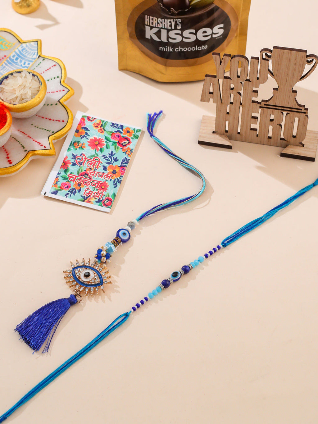 NVR Set of 2 Blue Evil Eye Artificial Stones & Beads Bhaiya Bhabhi Rakhi Combo