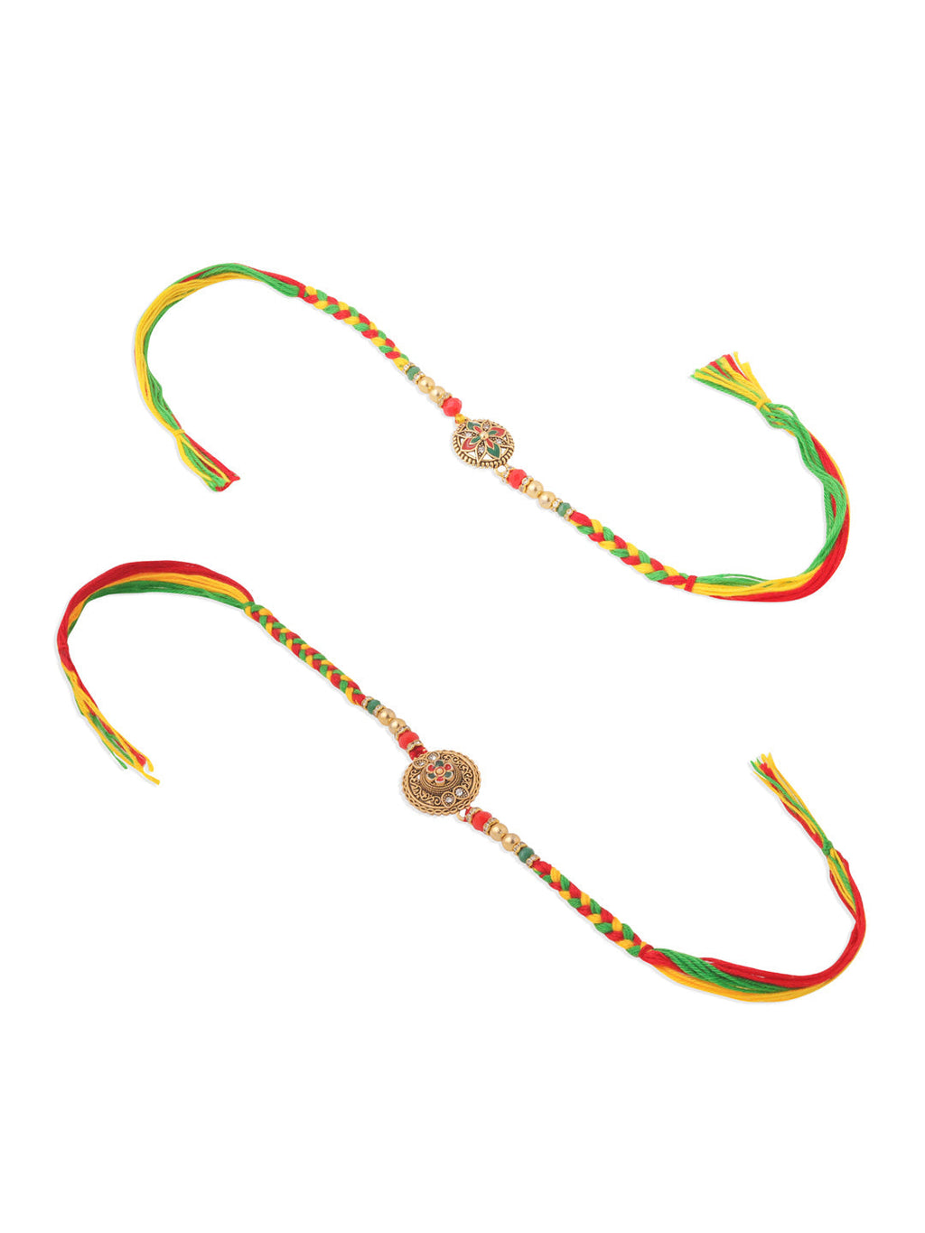 NVR Men Set of 2 Multicolor Floral Design Artificial Stones Thread Rakhi with Roli Chawal Chandan & Mishri