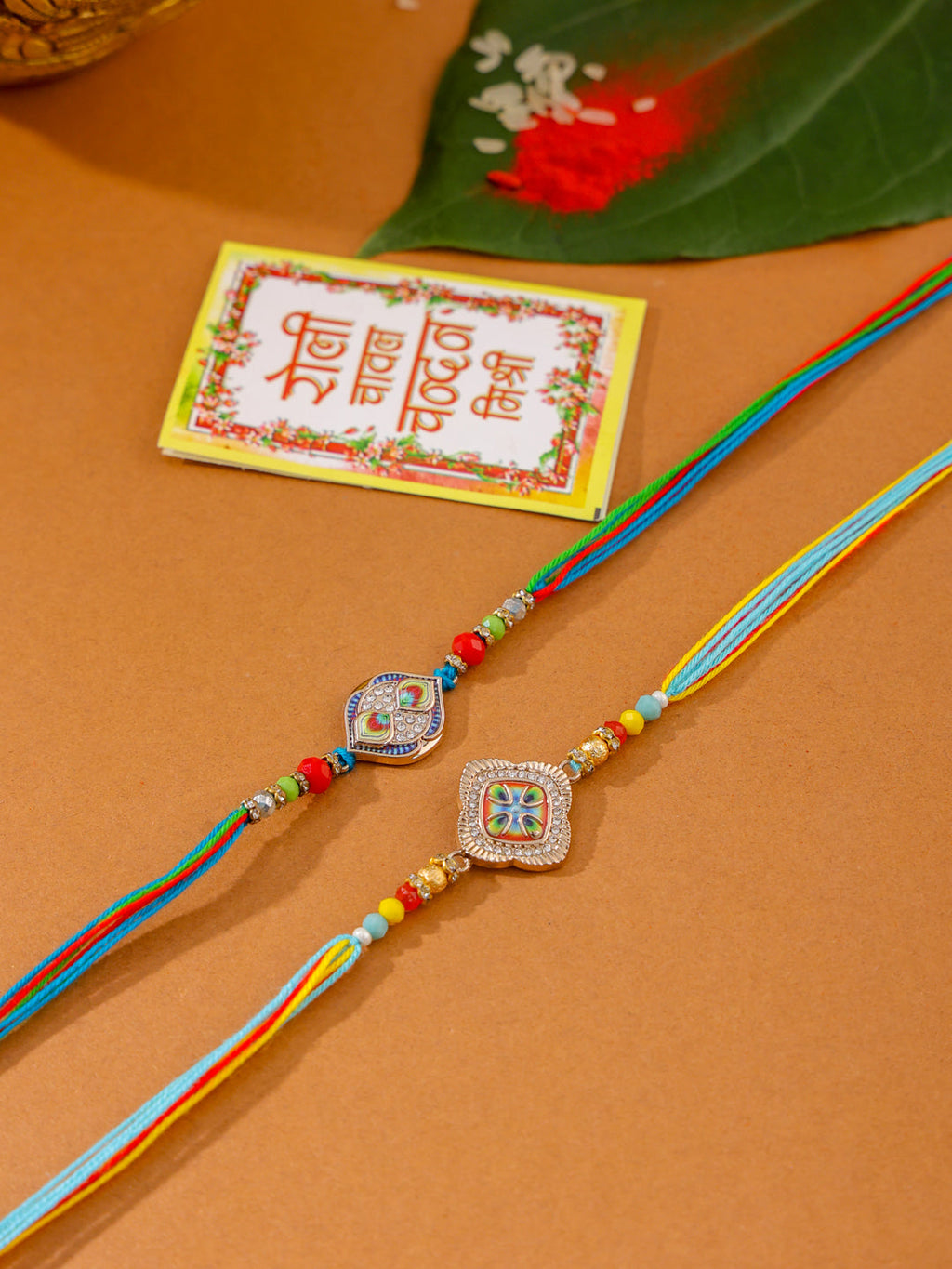 NVR Men Set of 2 Multicolor Artificial Stones Thread Rakhi with Roli Chawal Chandan & Mishri