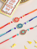 NVR Men Set of 3 Floral Design Multicolor Artificial Beads Thread Rakhi with Roli Chawal Chandan & Mishri