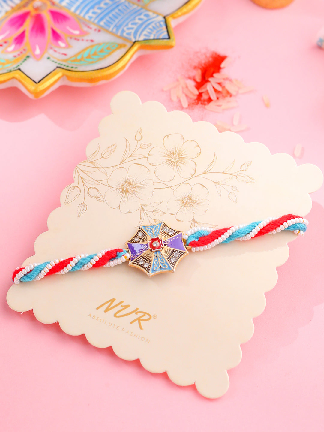 NVR Men Floral Design Multicolor Artificial Stones & Pearls Thread Rakhi with Roli Chawal Chandan & Mishri