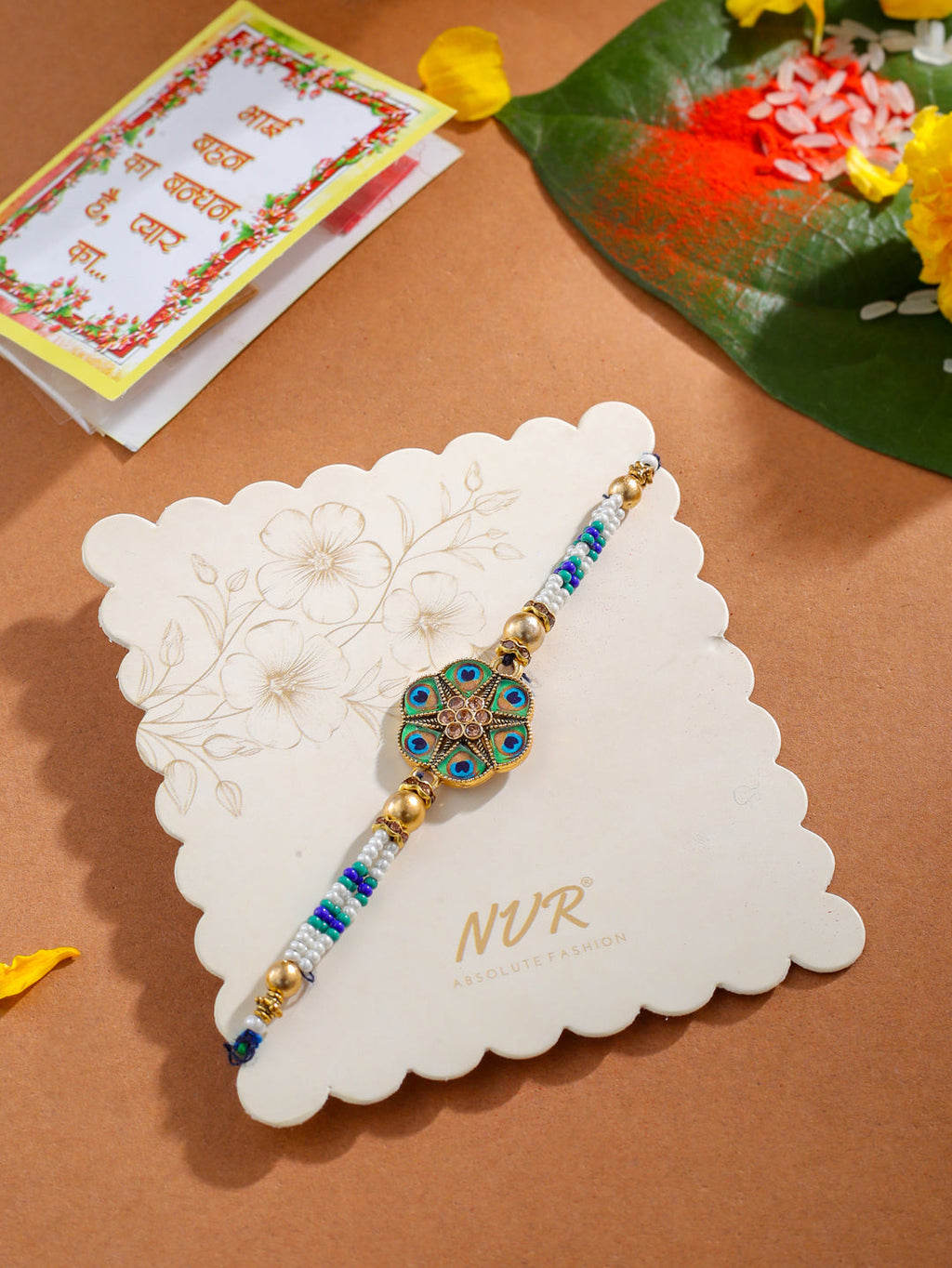 NVR Men Peacock Design Multicolor Artificial Stones & Pearls Thread Rakhi with Roli Chawal Chandan & Mishri