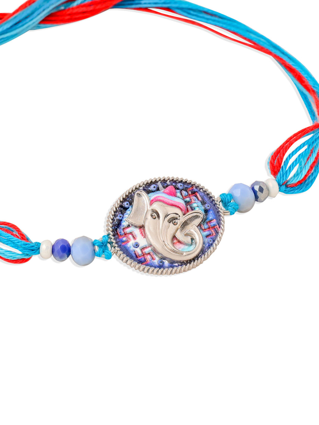 NVR Men Red & Blue Ganesh Ji Thread Rakhi with Roli Chawal Chandan & Mishri