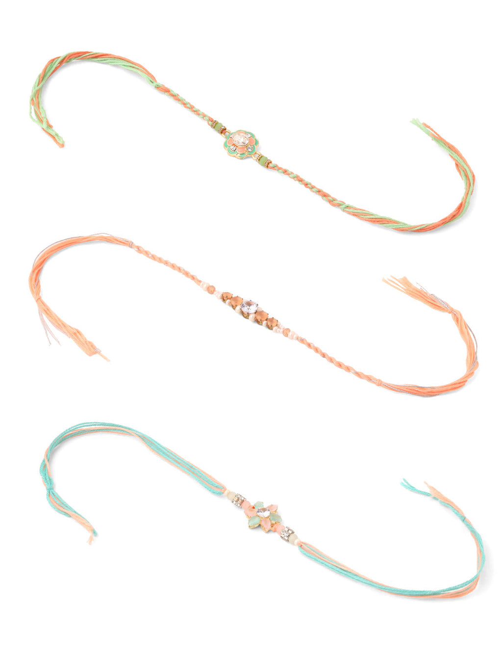 NVR Men Set of 3 Floral Design Multicolor Artificial Stones & Pearls Thread Rakhi Combo