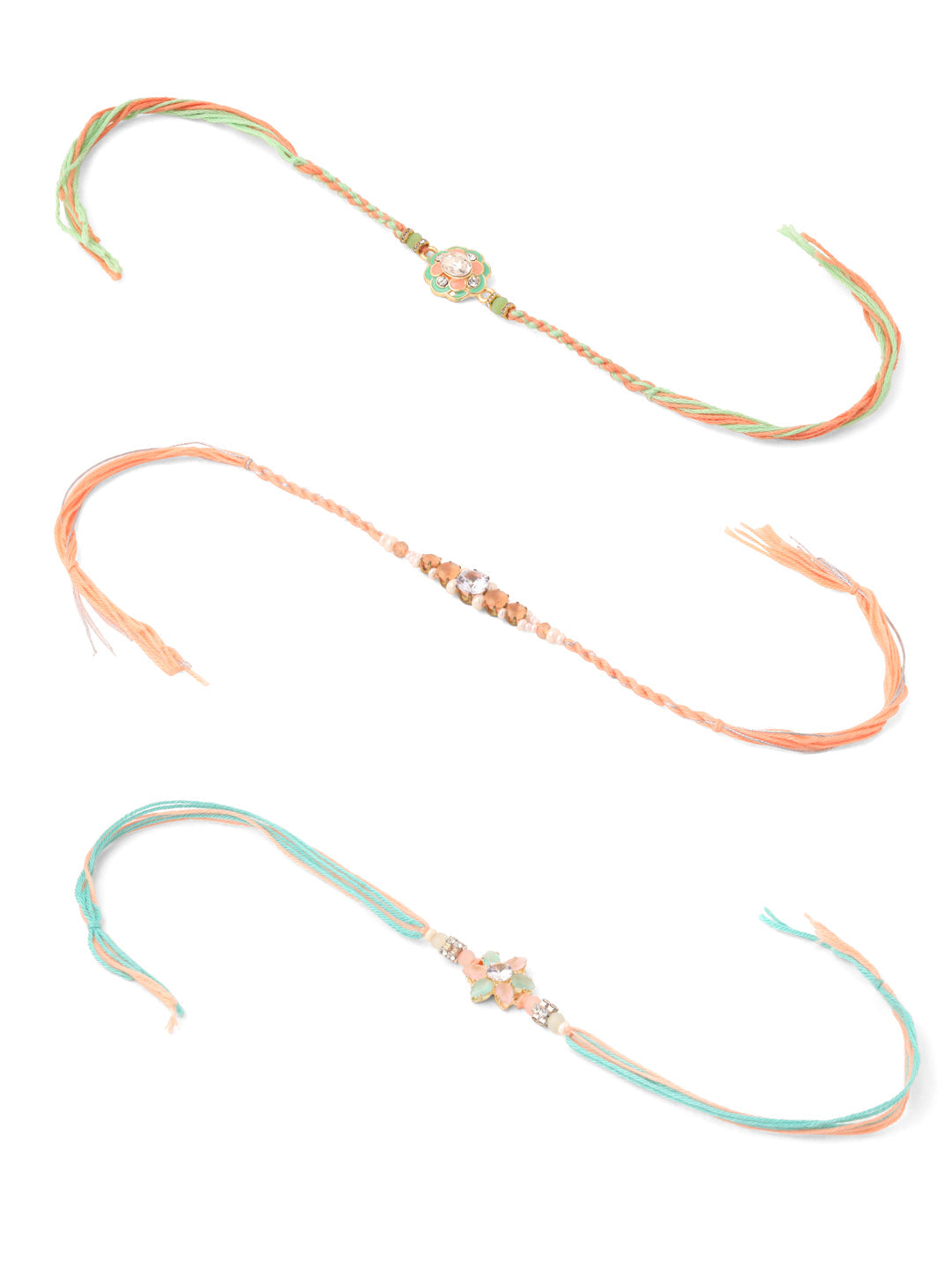 NVR Men Set of 3 Floral Design Multicolor Artificial Stones & Pearls Thread Rakhi Combo