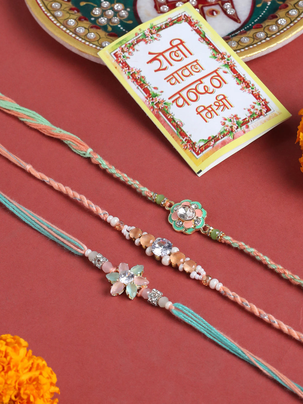 NVR Men Set of 3 Floral Design Multicolor Artificial Stones & Pearls Thread Rakhi with Roli Chawal Chandan & Mishri