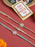 NVR Men Set of 3 Floral Design Multicolor Artificial Stones & Pearls Thread Rakhi with Roli Chawal Chandan & Mishri