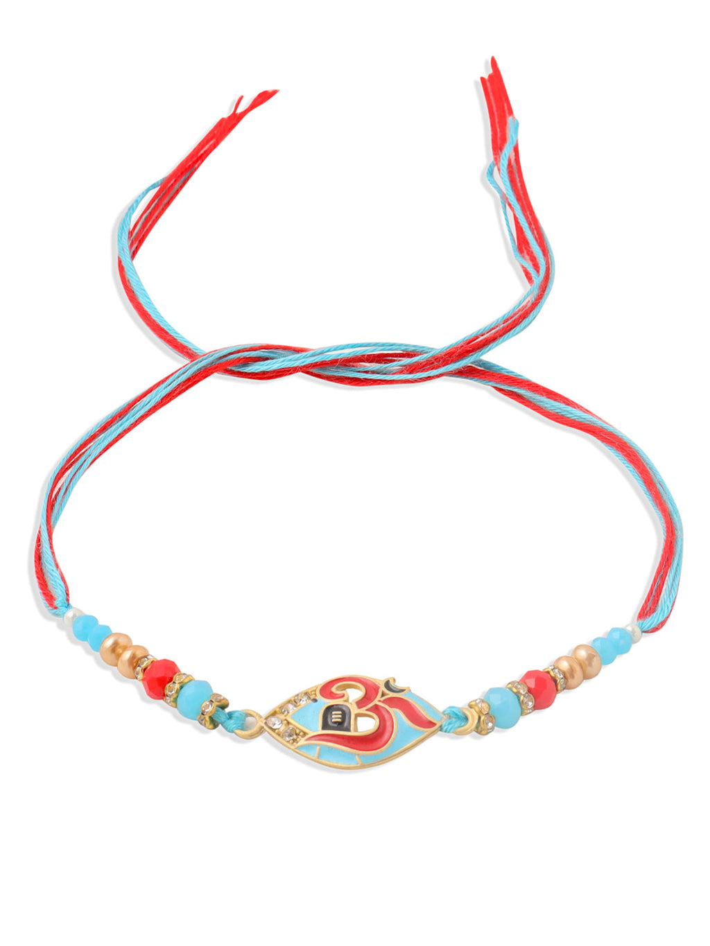 NVR Men Red & Blue Artificial Stones and Beads Om Thread Rakhi with Roli Chawal Chandan & Mishri