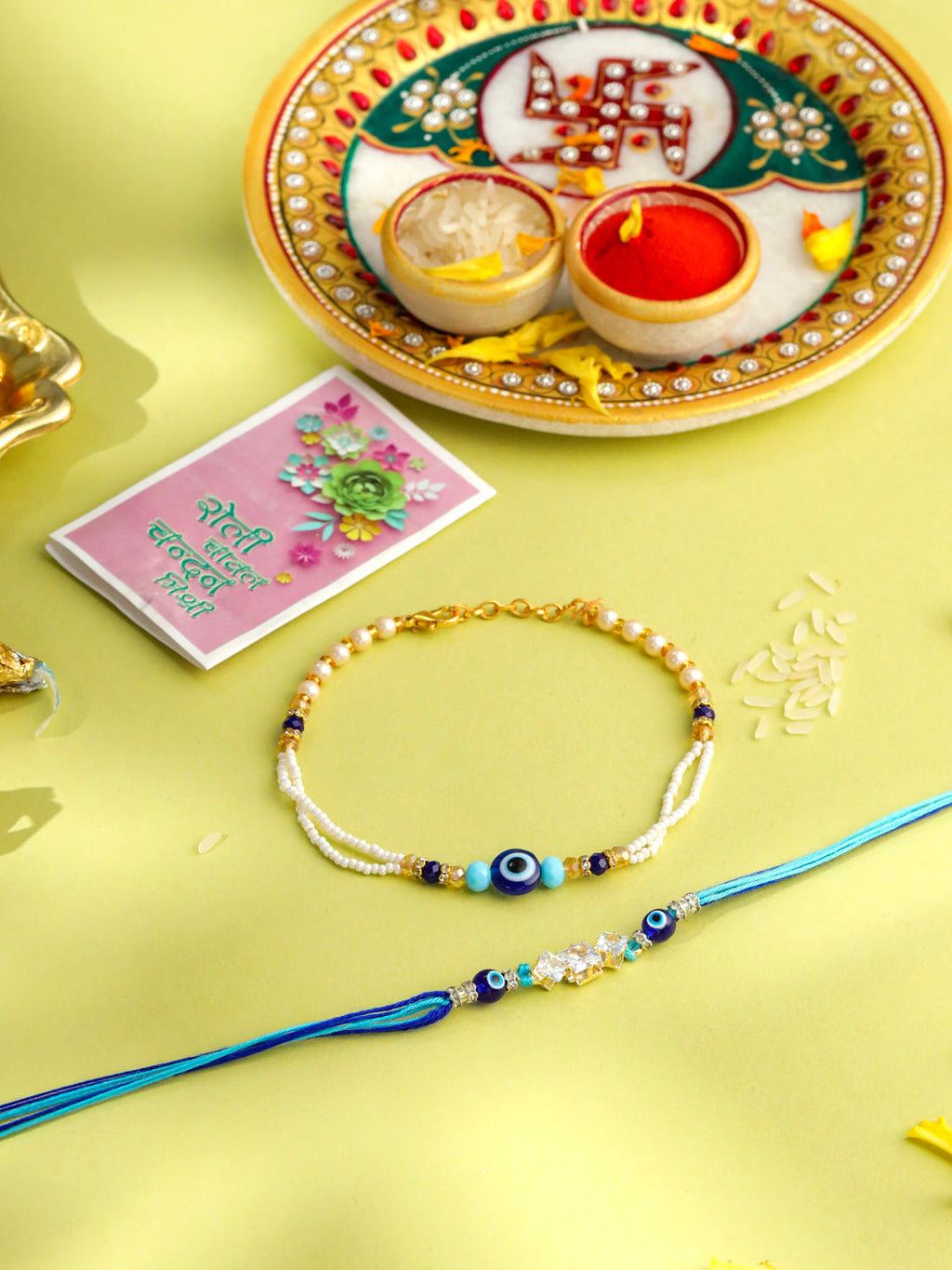 NVR Set of 2 Blue Evil Eye Artificial Stones & Beads Bhaiya Bhabhi Rakhi with Roli Chawal Chandan & Mishri