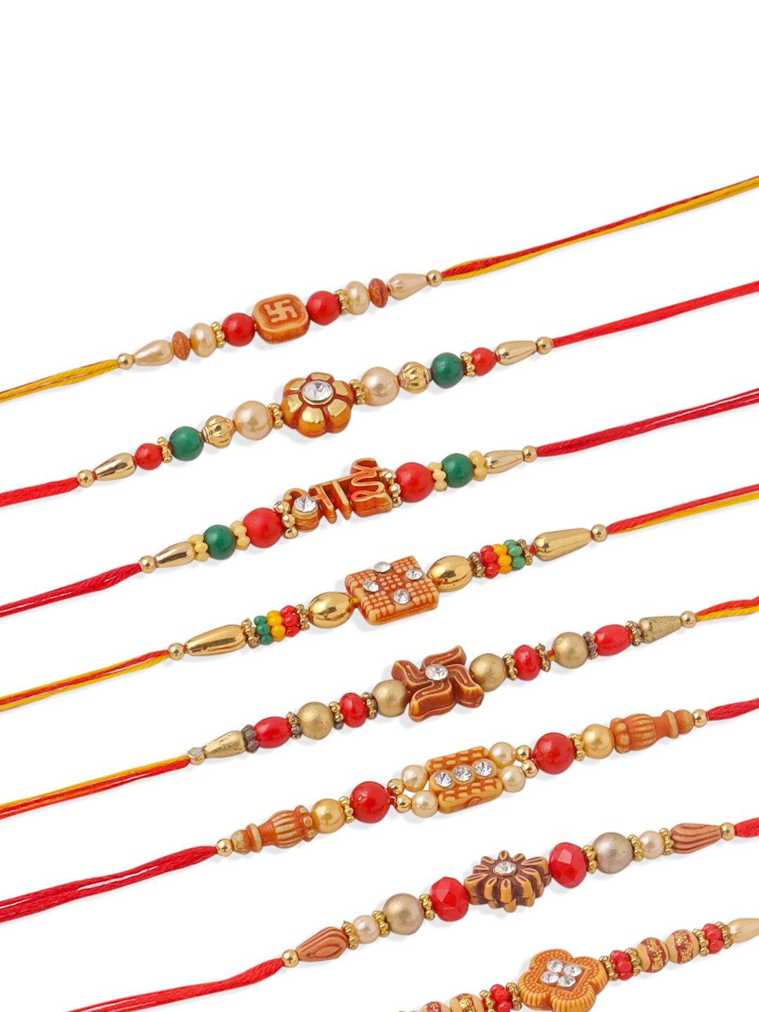 NVR Men Set of 10 Floral Design Red Artificial Stones and Beads Thread Rakhi Combo