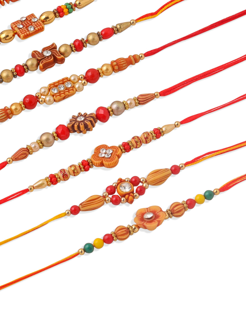 NVR Men Set of 10 Floral Design Red Artificial Stones and Beads Thread Rakhi Combo