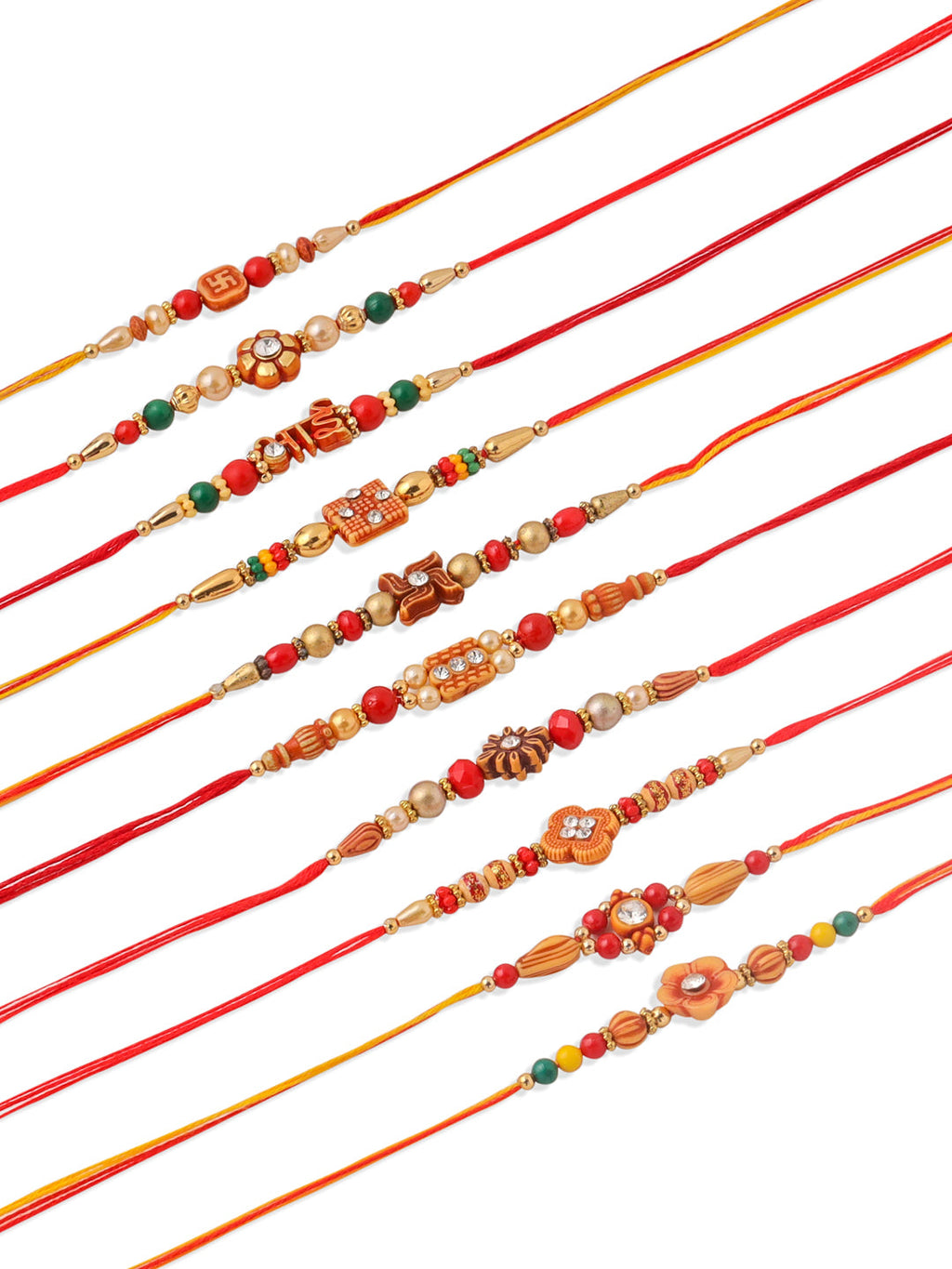 NVR Men Set of 10 Floral Design Red Artificial Stones and Beads Thread Rakhi with Roli Chawal Chandan & Mishri