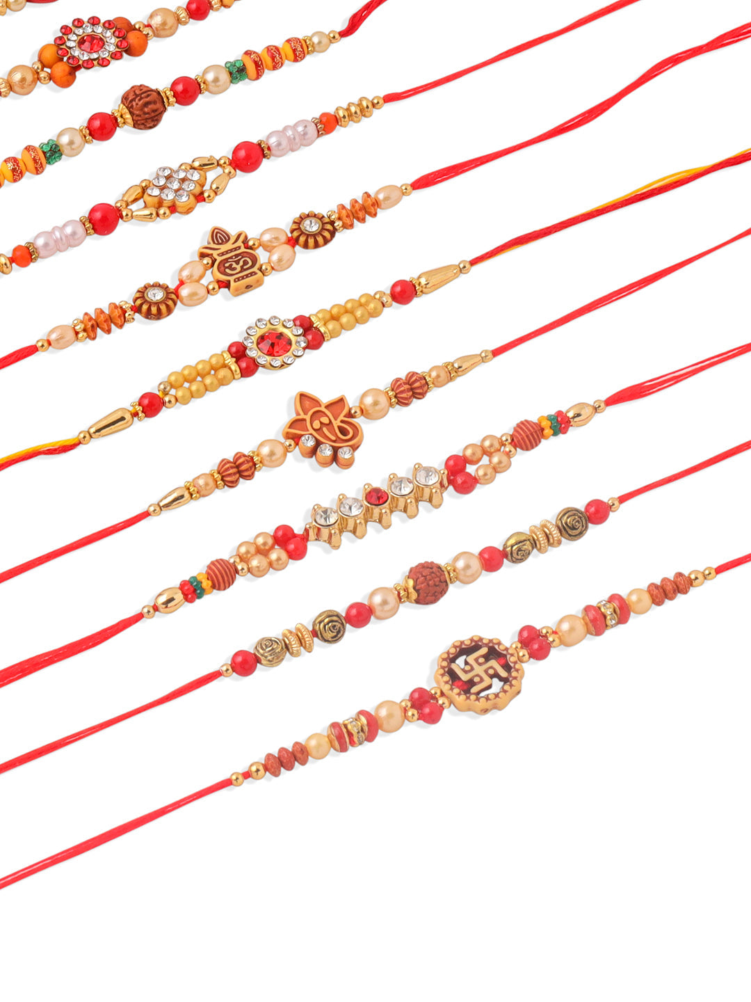 NVR Men Set of 10 Red Artificial Stones and Beads Rudraksh Thread Rakhi with Roli Chawal Chandan & Mishri