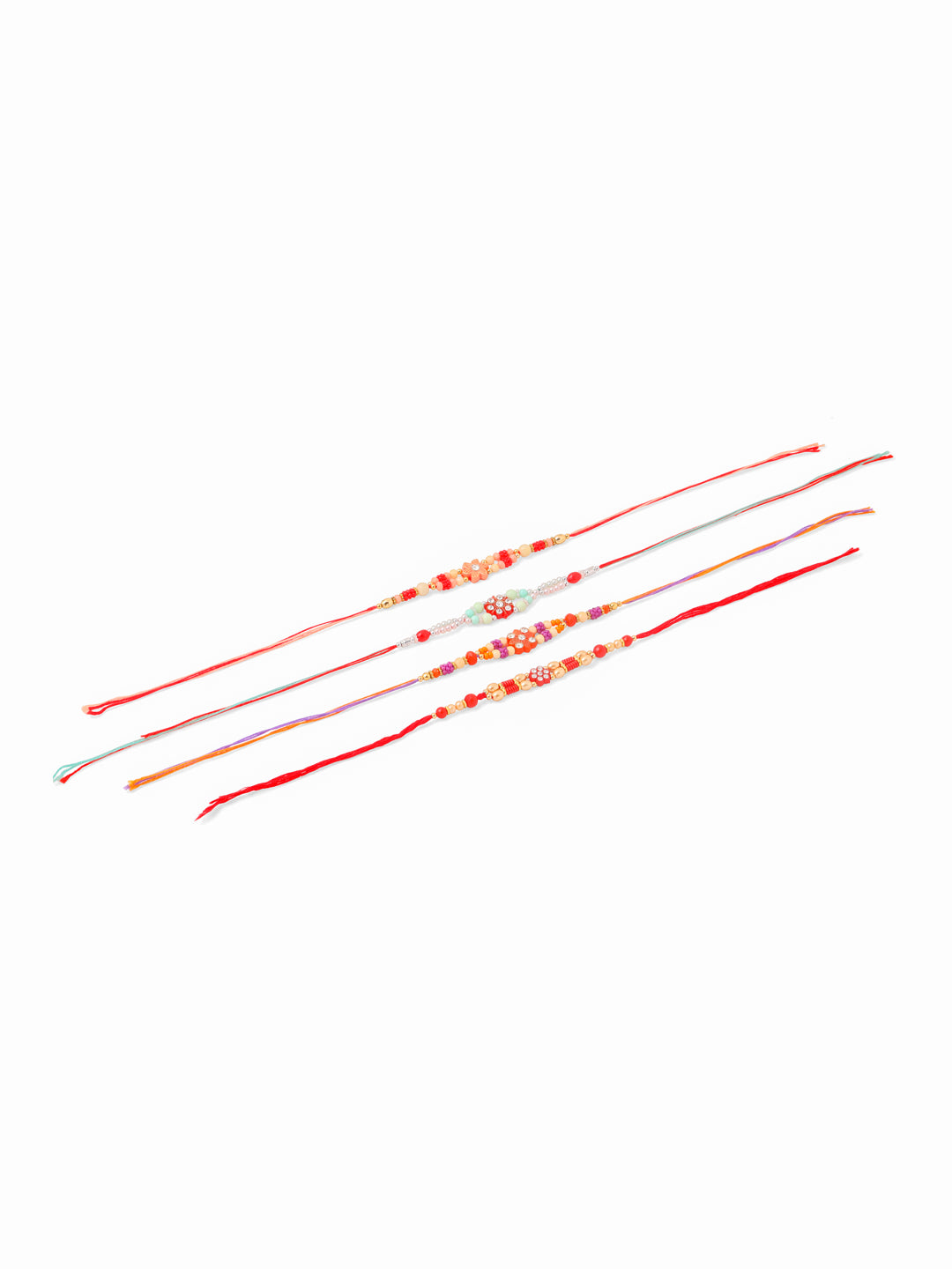 NVR Men Set of 4 Floral Design Multicolor Artificial Stones and Beads Thread Rakhi Combo