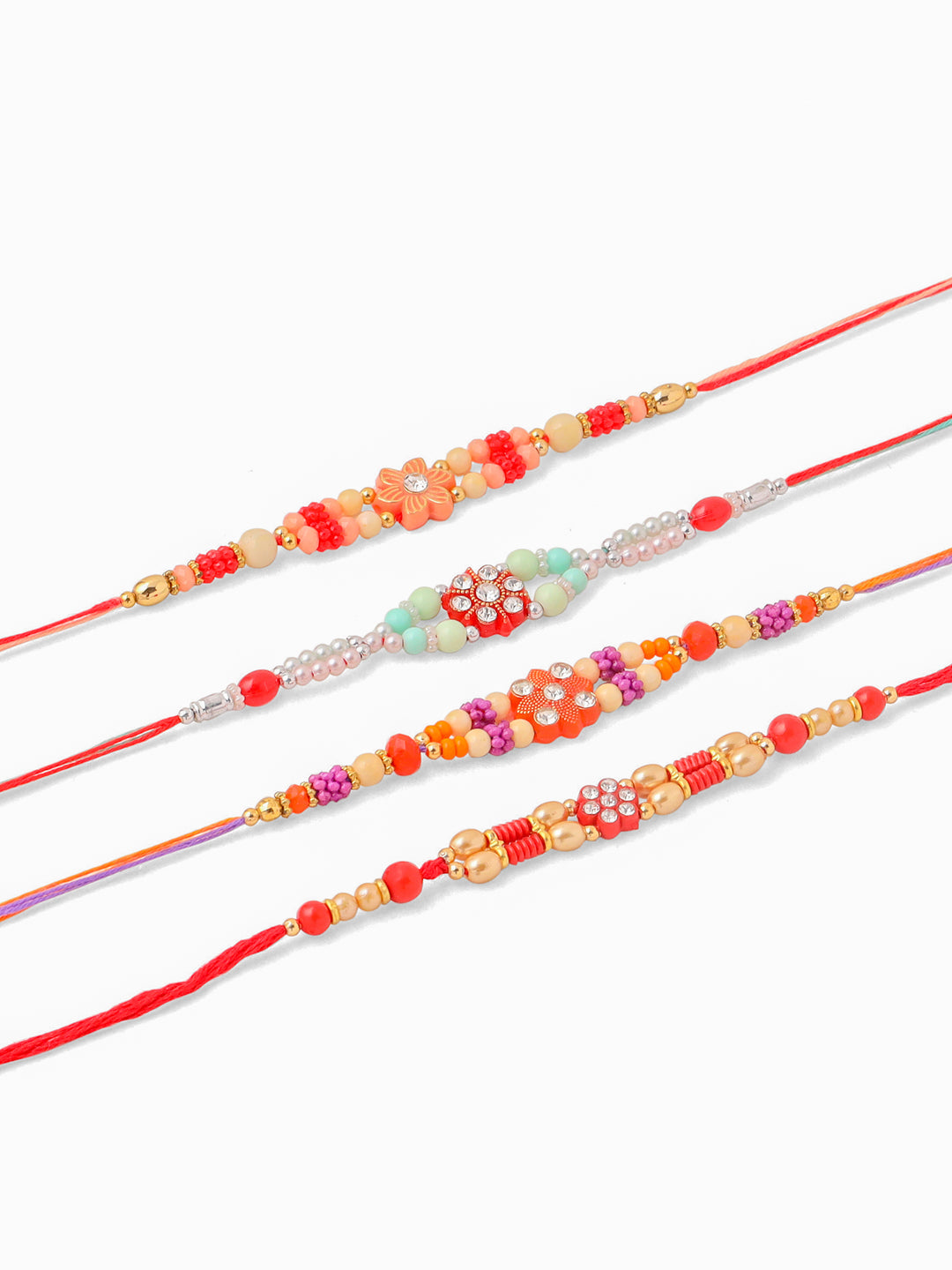 NVR Men Set of 4 Floral Design Multicolor Artificial Stones and Beads Thread Rakhi with Roli Chawal Chandan & Mishri