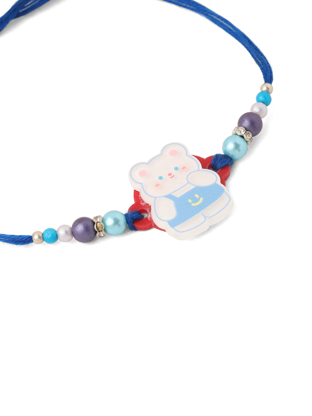 NVR Kids Teddy Blue Artificial Beads Thread Rakhi with Roli Chawal Chandan & Mishri