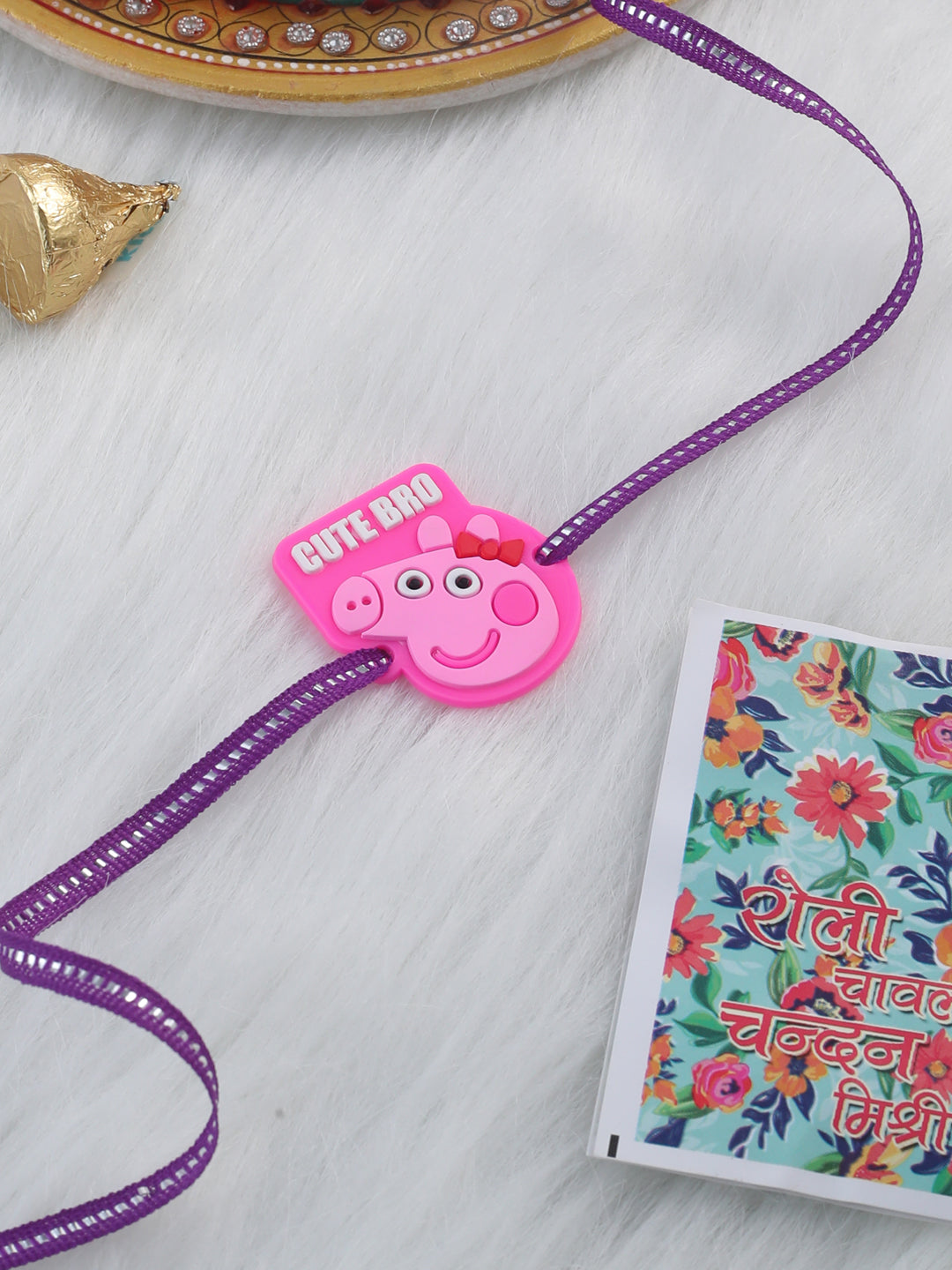 NVR Stylish Pink Cartoon Character Kids Rakhi with Roli Chawal Chandan & Mishri