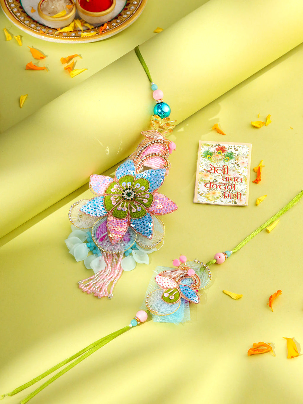 NVR Set of 2 Handmade Multicolor Artificial Stones & Beads Bhaiya Bhabhi Rakhi with Roli Chawal Chandan & Mishri