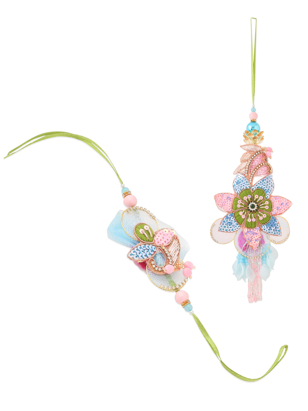 NVR Set of 2 Handmade Multicolor Artificial Stones & Beads Bhaiya Bhabhi Rakhi with Roli Chawal Chandan & Mishri