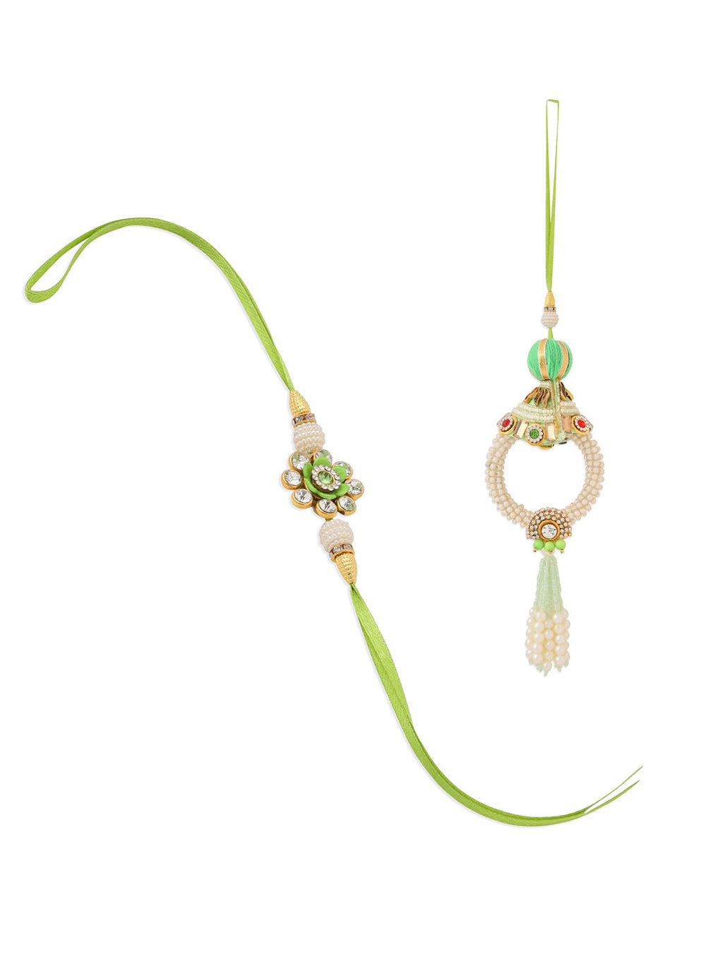 NVR Set of 2 Handcrafted Green Artificial Stones & Pearls Bhaiya Bhabhi Rakhi Combo
